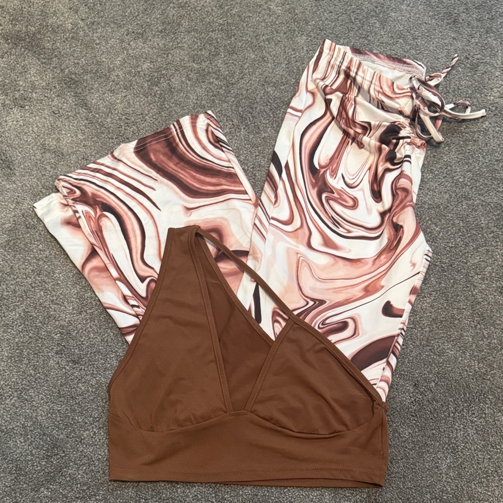 Brown Top and Swirl Pattern Pants Set
